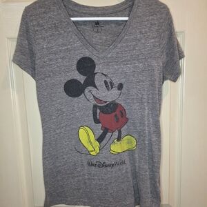 Disney Parks Mickey Mouse Distressed Graphic V-Neck Shirt Grey Medium